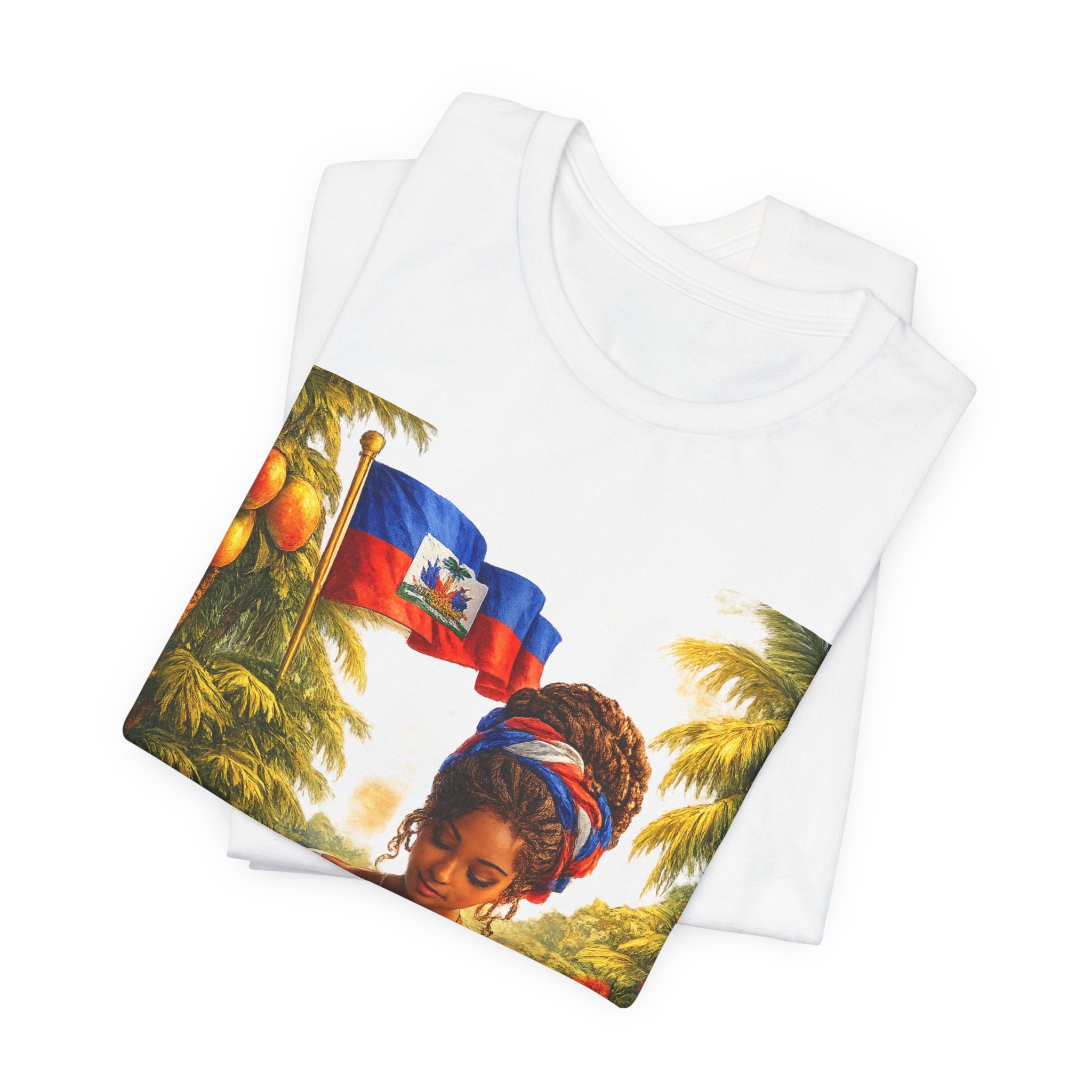 Haitian Heritage T‑Shirt — Woman Sewing with Haitian Flag Art