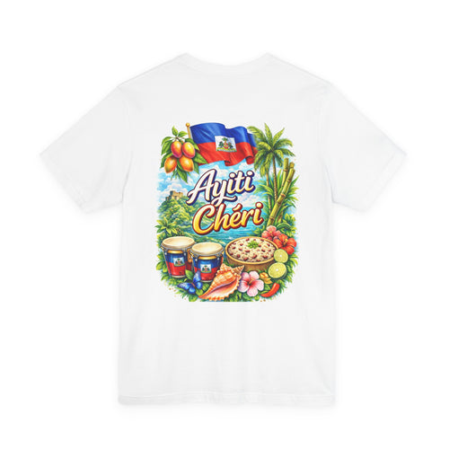 Haitian Heritage T‑Shirt — Woman Sewing with Haitian Flag Art