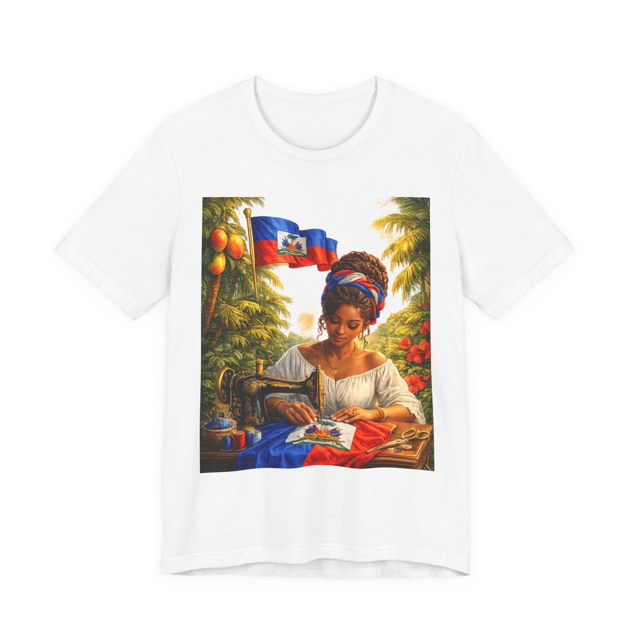 Haitian Heritage T‑Shirt — Woman Sewing with Haitian Flag Art