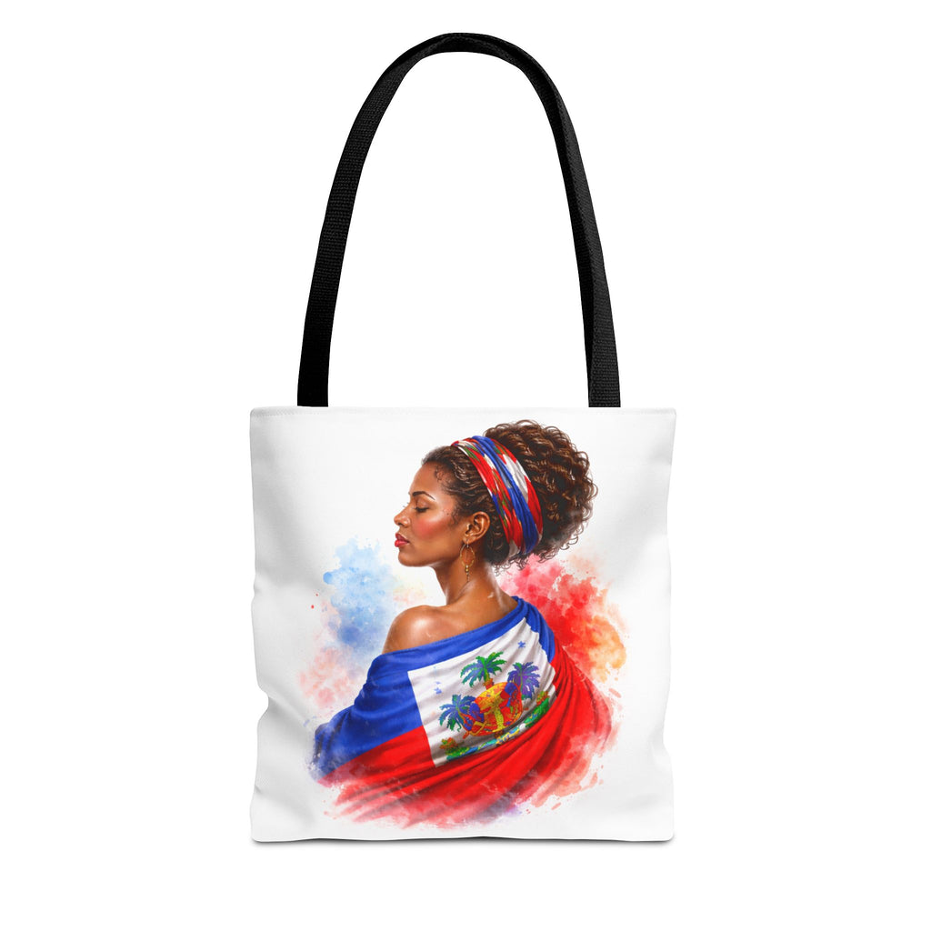 Haitian Pride Tote Bag — Woman Wrapped in Haiti Flag Design
