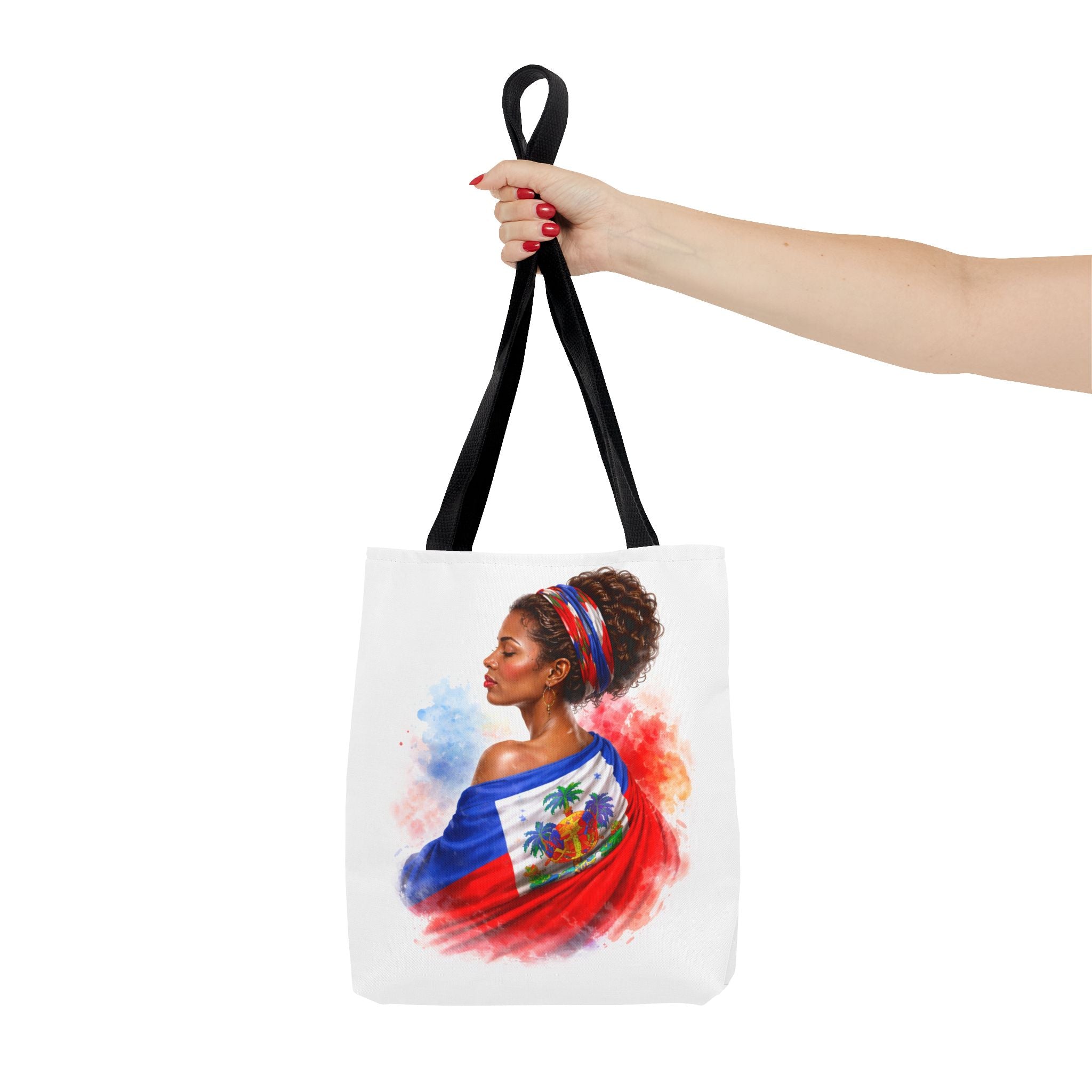 Haitian Pride Tote Bag — Woman Wrapped in Haiti Flag Design