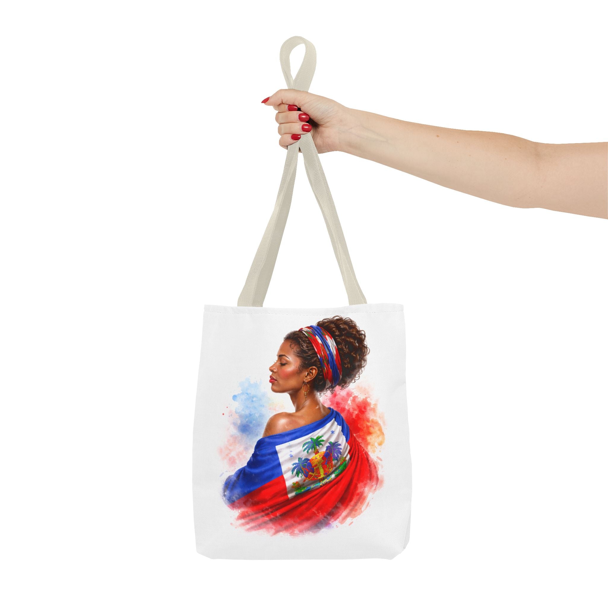 Haitian Pride Tote Bag — Woman Wrapped in Haiti Flag Design