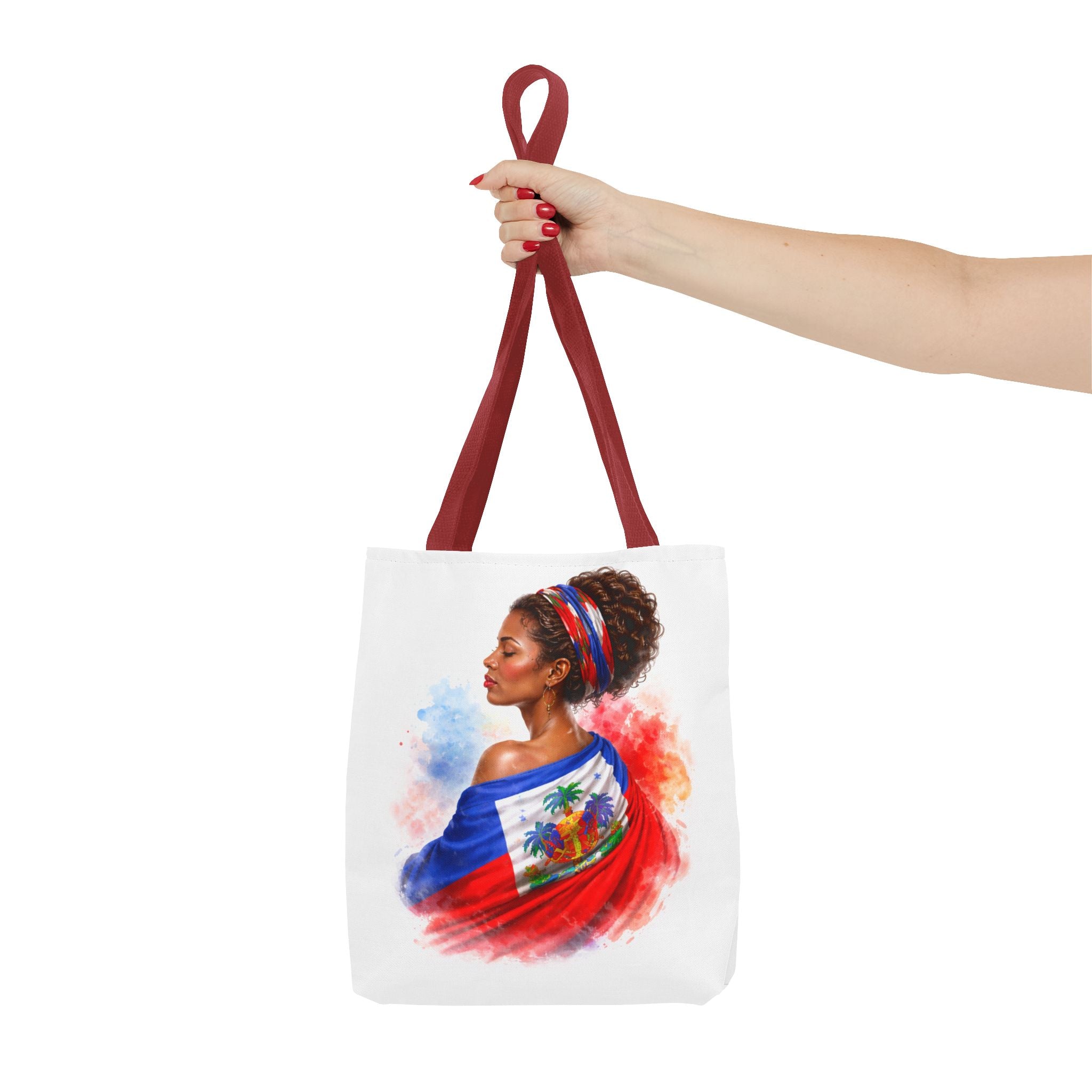 Haitian Pride Tote Bag — Woman Wrapped in Haiti Flag Design