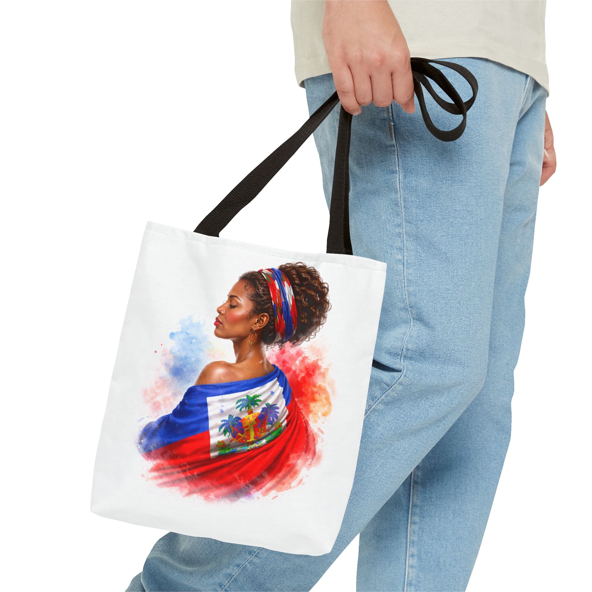 Haitian Pride Tote Bag — Woman Wrapped in Haiti Flag Design