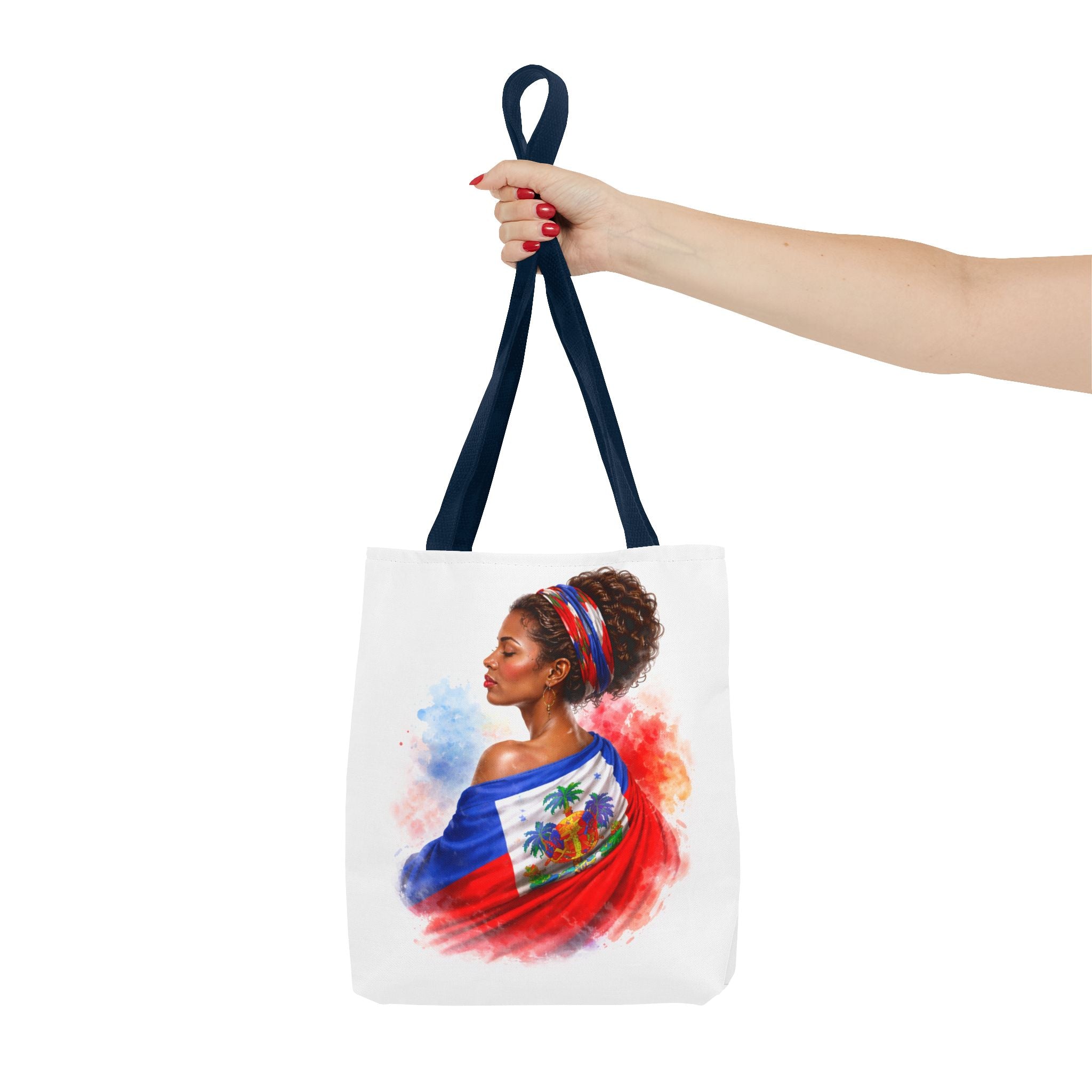 Haitian Pride Tote Bag — Woman Wrapped in Haiti Flag Design