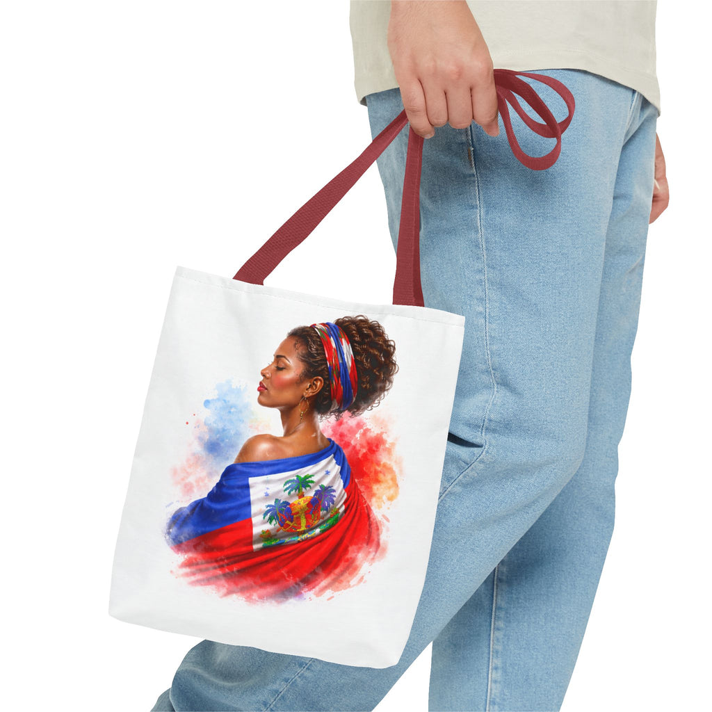 Haitian Pride Tote Bag — Woman Wrapped in Haiti Flag Design