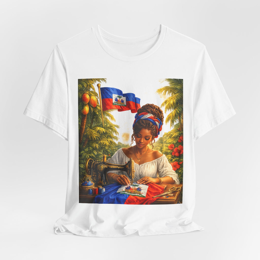 Haitian Heritage T‑Shirt — Woman Sewing with Haitian Flag Art