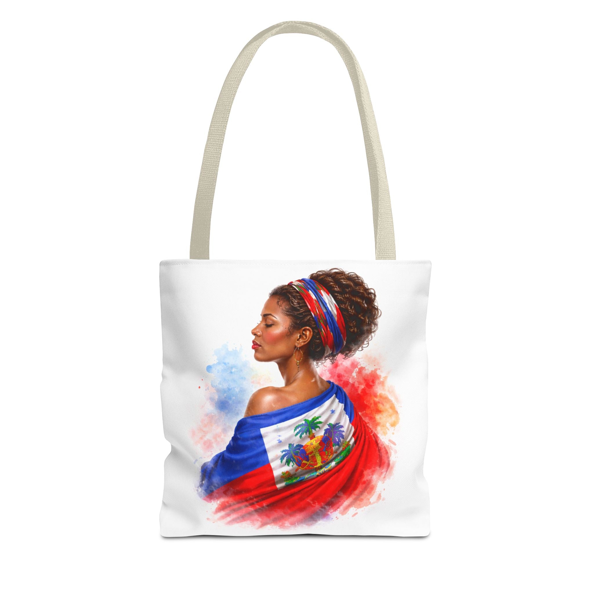 Haitian Pride Tote Bag — Woman Wrapped in Haiti Flag Design